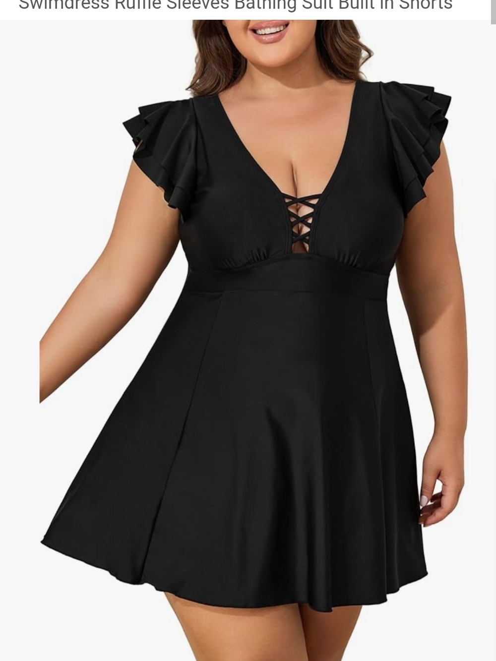 Medium Size Black Ruffle Sleeve Swimdress with Lace-Up Front
